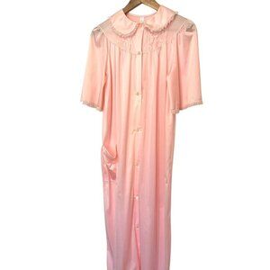 VINTAGE 60s Nancy King Nylon Robe Pale Petal Pink Modest Style Lace Detail Sz S